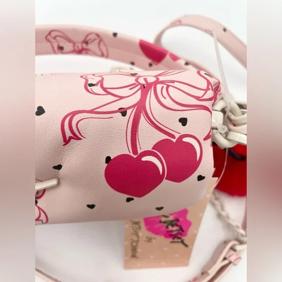 BETSEY JOHNSON Pink Bow LBCORAL Cherries Hearts Crossbody Purse with Pom Pom - Picture 6 of 9